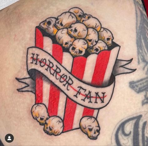 Popcorn horror fan skulls tattoo Tattoos Letters, Filler Tattoos, Tattoos Leg, Horror Tattoos, Tattoos Animals, Horror Movie Tattoos, Tattoos Aesthetic, Traditional Tattoo Inspiration, Cartoon Tattoo