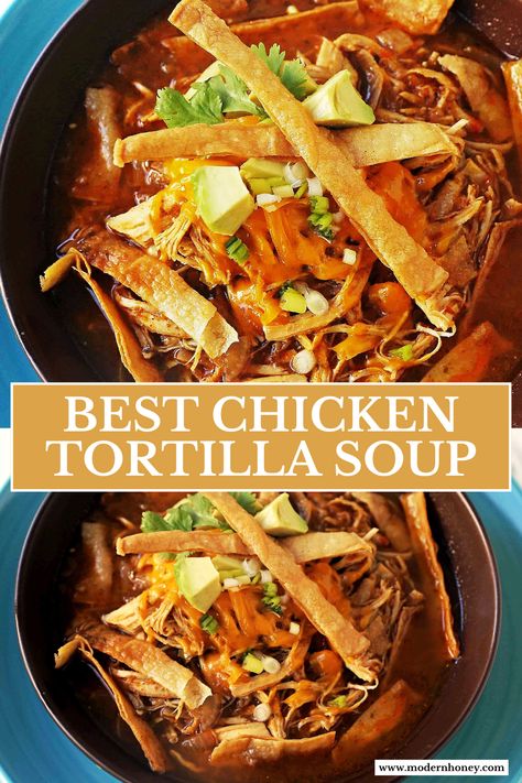 Warm up with a bowl of Chicken Tortilla Soup that’s packed with flavor and comfort! Made with tender chicken, hearty veggies, and topped with crispy tortilla strips, cheese, and avocado, this soup is perfect for cozy nights or game day gatherings. It’s easy to make and bursting with flavor. Save this recipe for a delicious, satisfying meal that everyone will love! Crockpot Spicy Chicken Tortilla Soup, Chilies Chicken Tortilla Soup, Fall Chicken Tortilla Soup, Sedona Tortilla Soup, Chicken Tortilla Soup Crock, Chicken Tortilla Soup From Chillis, Chicken Tortilla Soup On The Border, Chicken Broth Tortilla Soup, Traditional Chicken Tortilla Soup