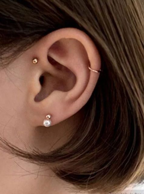 Minimal Piercings, Forward Helix Piercing Ideas, Helix Piercing Ideas, Ear Piercing Helix, Piercing Face, Vintage Tattoos, Piercings Ear, Gold Ear Jacket, Forward Helix Piercing