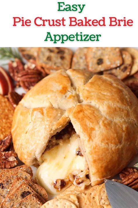 Pie crust baked brie is an indulgent appetizer that combines the creamy richness of brie cheese with the flaky, buttery goodness of a pie crust. This is a convenient, easy and quick recipe to make in just 30 minutes! Serve it with your favorite cracker, bread, jam, fruit, nuts and charcuterie to make the ultimate holiday spread. Find the recipe on www.apeachyplate.com Pie Crust Appetizers, Cracker Bread, Brie Wheel, Thanksgiving Fruit Salad, Baked Brie With Jam, Brie Cheese Recipes, Ready Made Pie Crust, Baked Brie Appetizer, Baked Brie Recipes