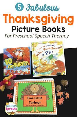 5 Best-Ever Thanksgiving Books for Preschool Speech Therapy plus activities for a no-stress turkey week! #speechsprouts #speechtherapy #thanksgivingbooks #thanksgiving #preschool #sped #speechandlanguage Thanksgiving Picture Books, Books For Speech Therapy, Thanksgiving Speech, Books For Preschool, Books And Activities, Preschool Speech Therapy, Thanksgiving Books, Speech Therapy Games, Kindergarten Worksheets Free Printables