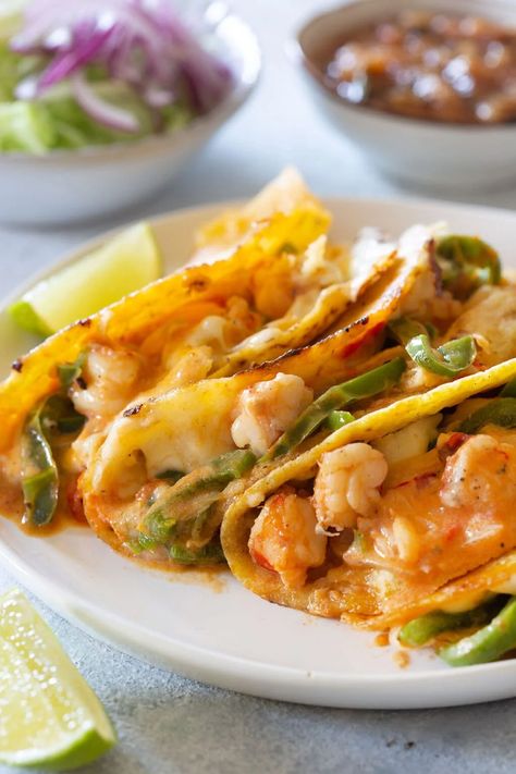 Tacos Gobernador (cheesy shrimp tacos) Shrimp Gobernador, Tacos Gobernador, Seafood Tacos, Cheesy Shrimp, Taco Dishes, Tacos Mexicanos, Tacos Dorados, Cheese Tacos, Seafood Entrees