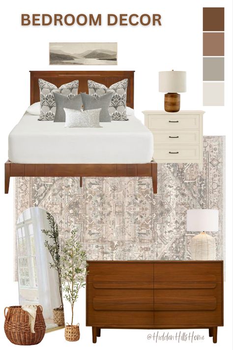 Bedroom decor mood board Brown Headboard Bedroom, Wood Headboard Bedroom, Brown Wood Bedroom, Dark Wood Bed Frame, Brown Wood Bed, Cherry Wood Bedroom, Wood Bedroom Decor, Decor Mood Board, Brown Bed Frame