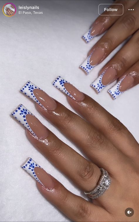 Cute Nails Acrylic Blue And White, Nail Inspo Mexico, Royal Blue With White Nails, Dominican Republic Nail Designs, Blue Nails Vacation, Don Julio Nails, White French Tip Nails With Blue Design, Mexico Nails Vacations The Beach, White French Tips With Blue Design