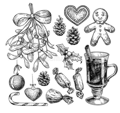 Gothic Xmas, Xmas Icons, Food Vector, Christmas Tattoo, Illustration Christmas, Food Sketch, Creepy Christmas, Object Drawing, Hand Drawn Vector Illustrations