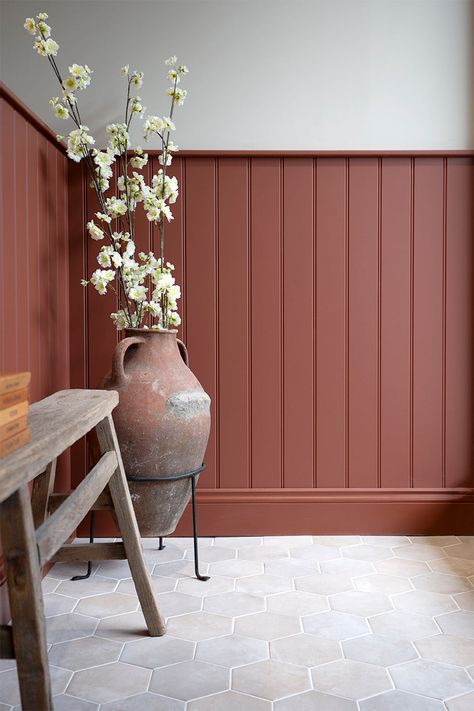 Oliva Crema Hexagon Terracotta Effect Tiles | Quorn Stone Terracotta Wall Panelling, Hallway Ideas Terracotta, Terra Cotta Tiles Bathroom, Tile Hallway Floor, Terracotta Small Bathroom, Terracotta Tiled Bathroom, Terracotta Wainscoting, Small Landing Ideas Upstairs Decor, Teracotta Ideas Interior