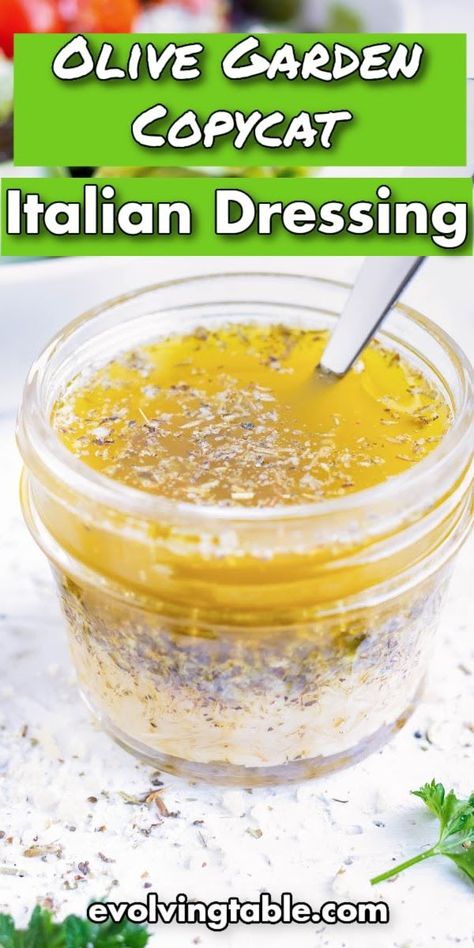 This homemade version of Olive Garden’s Italian Dressing tastes just as good and is quick and easy to mix up in less than 5 minutes! This recipe from Evolving Table blends together olive oil, vinegar, Italian seasonings, garlic, and Parmesan cheese into a simple vinaigrette. Drizzle over a salad for a healthy vegetarian meal, or use as a marinade for chicken! Italian Garlic Salad Dressing, Olive Garden Garlic Herb Sauce Recipe, Homemade Olive Garden Dressing, Homade Dressings, Olive Garden Italian Dressing Recipe, Oil And Vinegar Salad Dressing Recipe, Oil And Vinegar Salad Dressing, Olive Garden Salad Dressing Recipe, Italian Salad Dressing Homemade