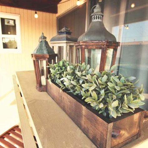 Rustic Wooden Box With Lanterns #rustic #centerpieces #woodenbox #homedecor #decorhomeideas Rustic Wooden Box Centerpiece, Box Wedding Centerpieces, Lantern Table Centerpieces, Wooden Box Centerpiece, Farmhouse Table Centerpieces, Rustic Wooden Box, Kitchen Table Centerpiece, Beautiful Wooden Boxes, Rustic Flowers