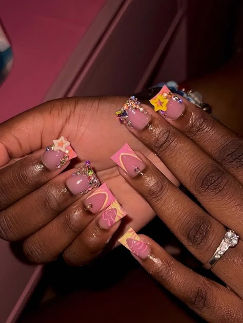 Multicolor  Collar   Plants Color Nails Embellished   Nail,Hand & Foot Care Rhinestone Nail Art, Birthday Nail Designs, French Yellow, Image Nails, Hard Nails, Duck Nails, Cute Acrylic Nail Designs, Nail Art Set, Pink French