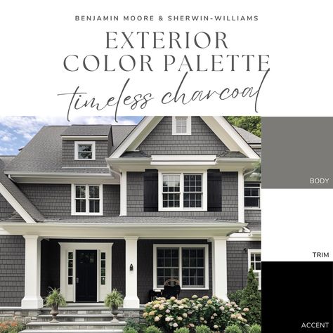 Exterior Paint Color Palette - Timeless Charcoal Exterior Paint Color Palette, Dark Grey Houses, Grey Exterior House Colors, Gray House Exterior, Exterior Color Palette, Black Shutters, Exterior House Color, Pintura Exterior, Exterior Paint Color