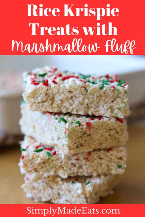 Marshmallow fluff rice krispie treats stacked on parchment paper. Rice Crispy Treats Christmas, Marshmellow Treats, Christmas Rice Krispies, Marshmallow Treats Recipe, Easy Christmas Treat, Homemade Rice Krispies, Krispie Treats Christmas, Rice Krispie Treats Christmas, Marshmallow Fluff Recipes