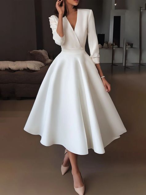 Elegant Civil Wedding Dress Classy, Midi Dress Formal Classy, City Hall Wedding Outfit, Simple Party Dress, Short White Dresses, Modest Dresses Fashion, Casual Dresses Plus Size, Modest Dresses Casual, Classy Dress Outfits