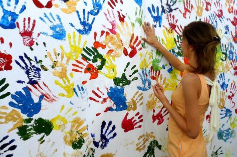 Color handprints on a white wall and young woman who makes them #Sponsored , #Ad, #Affiliate, #handprints, #woman, #young, #Color Handprint Wall, Family Handprint, Hand Prints, Purple Hands, White Wall, Psd Templates, Young Woman, White Walls, Wall Mural