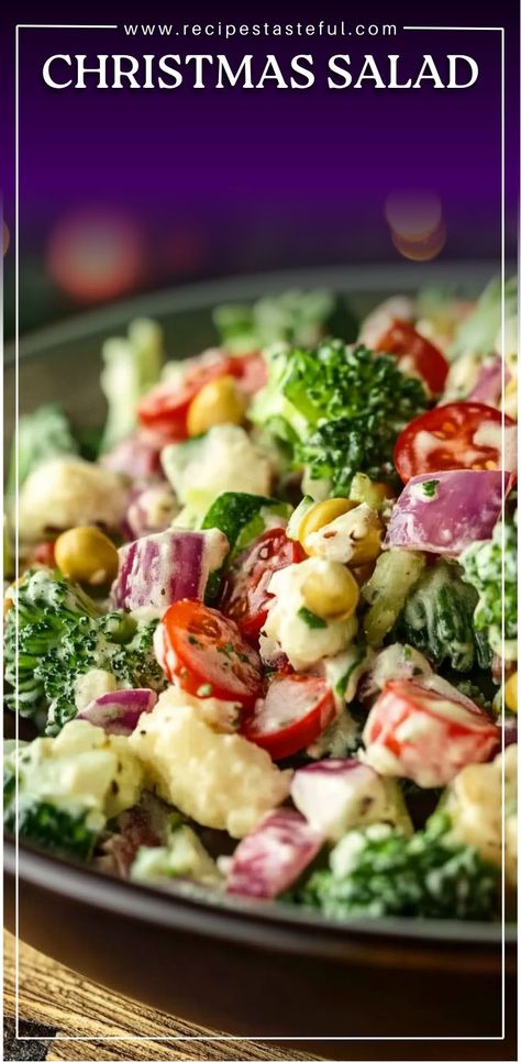 A festive and vibrant salad that brings the colors of the season to your holiday table. This Christmas Salad is a delightful blend of fresh vegetables, including broccoli, cauliflower, red onion, and cherry tomatoes, topped with a creamy dressing. It's the perfect refreshing side dish for any holiday gathering. Broccoli Side Dish, Christmas Salad Recipes, Christmas Salad, Cherry Tomato Salad, Broccoli Cauliflower Salad, Christmas Side Dishes, Christmas Salads, Tomato Salad Recipes, Creamy Dressing