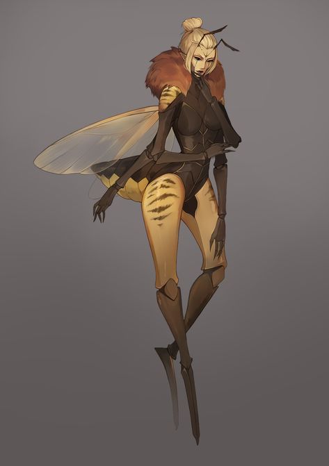 Queen Bee by Isabella Lai on ArtStation Human Bee Drawing, Queen Bee Design, Bee Queen Art, Queen Bee Character Design, Bee Character Design Concept Art, Cute Alien Concept Art, Bee Hybrid Oc, Bee Human Hybrid, Bee Person Character Art