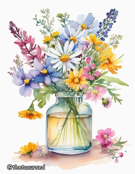 Watercolor Dreams Collection, artwork by ThetaCursed, License for use: CC BY-NC 4.0 Flower Vase Drawing Watercolor Painting, Watercolor Bouquet Of Flowers, Flower Vase Drawing, Watercolor Flower Bouquet, Watercolor Scenery, Dream Drawing, Nature Art Drawings, Beautiful Art Paintings, Watercolor Bouquet