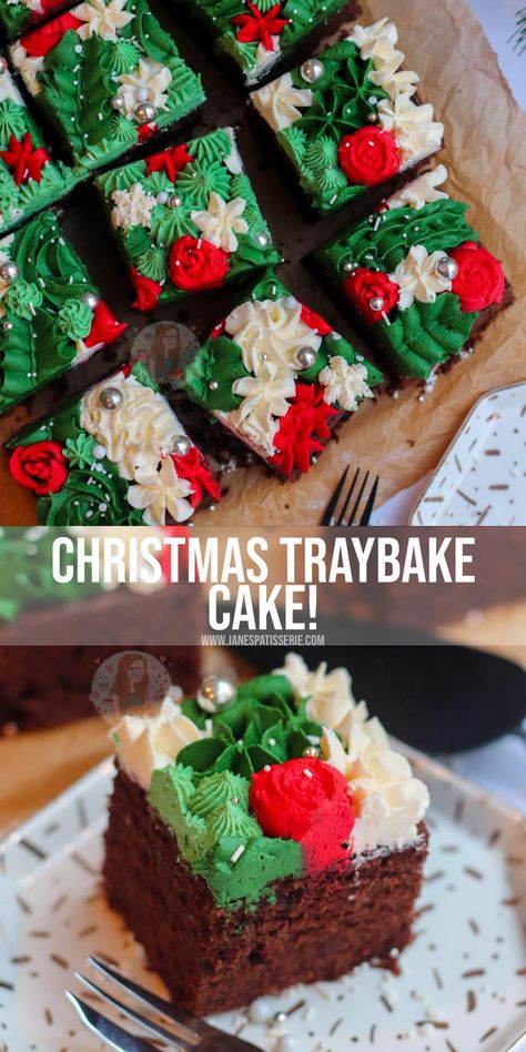 Christmas Traybake Cake! - Jane's Patisserie American Buttercream Frosting, Traybake Cake, Easy Christmas Cake Recipe, Cake Stall, Janes Patisserie, American Buttercream, Christmas Cakes Easy, Tray Bake Recipes, Christmas Cake Recipes