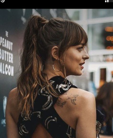 Formal Ponytail With Bangs, Messy Up Do With Bangs, Dakota Johnson Ponytail, Fringe Updo Hairstyles, Ponytail With Fringe, Formal Hair With Bangs, Square Face Men, Men Wavy Hair, Updos With Bangs