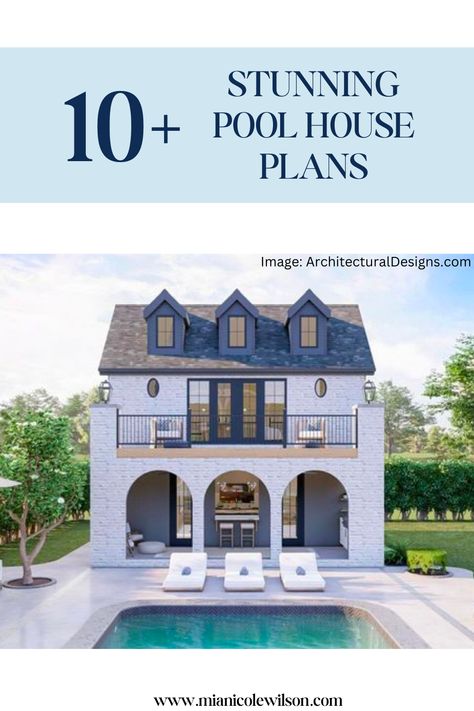 Click to see these amazing pool house plans that you will want to choose from for your next back yard makeover! Pool House With Loft Bedroom, Pool House Designs Layout, French Country Pool, Pool House With Bedroom, Cabana Plans, Country Pool House, Pool House Guest House Combo, Pool House Layout, Pool Cabana Plans