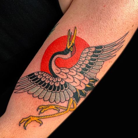 Crane Neck Tattoo, Crane Tattoo Japanese, Heron Tattoo Traditional, Traditional Crane Tattoo, Crane Tattoo Meaning, Cranes Tattoo, Japanese Crane Tattoo, Animal Tattoo Meanings, Traditional Tattoo Dragon