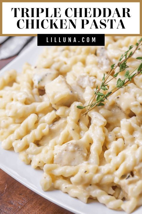 With a creamy homemade cheese sauce, this Triple Cheddar Chicken Pasta has become one of our favorite chicken and pasta dishes. Even my pickiest eaters love it! With pasta, chicken, seasonings, and LOTS of cheese, you definitely can't go wrong! #triplecheddarchickenpasta #cheddarchickenpasta #chickenpasta #cheddarpasta #cheesychicken Chicken And Pasta Dishes, Cheddar Chicken Pasta, Asian Steak Bites, Cheesy Chicken Pasta, Creamy Pasta Bake, Chicken And Pasta, Cheese Sauce For Pasta, Homemade Cheese Sauce, Healthy Baked Chicken