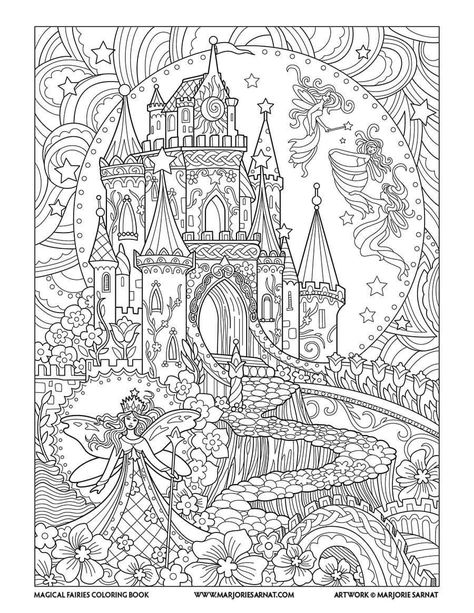 Castle Coloring Page, Marjorie Sarnat, Fantasy Coloring Pages, Witch Coloring Pages, Unique Coloring Pages, Adult Coloring Designs, Detailed Coloring Pages, Fairy Coloring Pages, Pokemon Coloring Pages