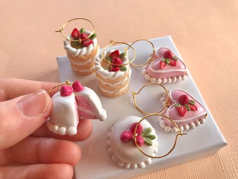 Tiny Cake Earrings, Cute kawaii cake jewelry, clay earrings, Valentine's Day, Wedding, miniature food jewelry | MakerPlace by Michaels Pink Heart Shaped Cake, Valentine Jewelry Ideas, Polymer Clay Valentines Day, Valentines Day Clay, Polymer Clay Wedding, Whipped Cream And Strawberries, Tiny Cake, Kawaii Cake, Heart Desserts