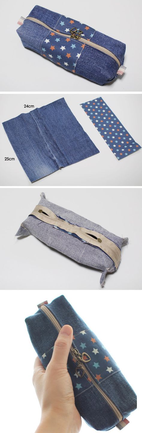 How to make zippered denim pencil case DIY step by step tutorial instruction.  http://www.handmadiya.com/2015/10/zipper-pencil-case.html Pencil Case Tutorial, Diy Bags Tutorial, Tas Denim, Diy Pencil Case, Zipper Pencil Case, Chicken Crafts, Diy Pencil, Diy Jeans, Sew Ins