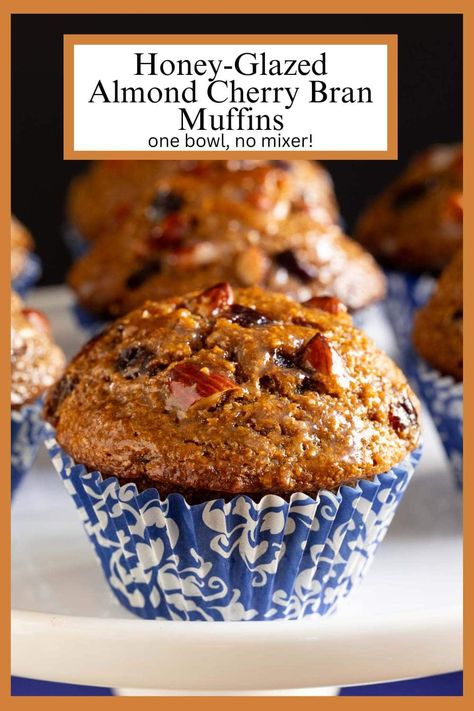 Think bran muffins are dry and boring? Think again! These Honey-Glazed Almond Cherry Bran Muffins are moist, flavorful and decently healthy! via @cafesucrefarine Honey Raisin Bran Muffins, Almond Flour Bran Muffins, Sweet Potato Bran Muffins, Muffin Board, Buttermilk Bran Muffins, Wheat Bran Muffins, Raisin Bran Cereal, Tea Breads, Recipes Muffins