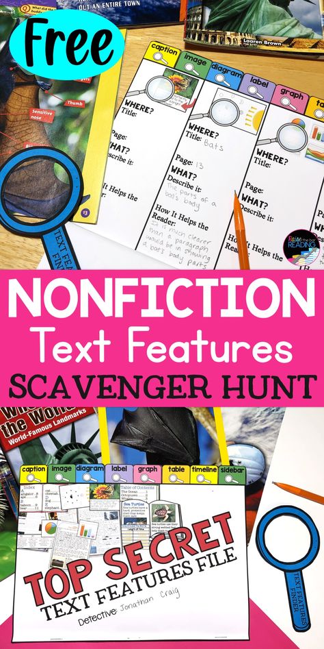 FREE Nonfiction Text Features Scavenger Hunt! Love this nonfiction reading activity to get students engaged and excited about being nonficiton text features detectices. It is a super low prep craft that makes a "Top Secret" Text Features File tab Book. Works with any nonfiction books or informational reading comprehension passages. Geared towards elementary students in 2nd, 3rd, 4rth or 5th grade classrooms. Text Features Activities, Nonfiction Reading Activities, Nonfiction Text Features, Teaching 5th Grade, Reading Activity, Reading Comprehension Strategies, Guided Reading Groups, 5th Grade Classroom, Nonfiction Reading