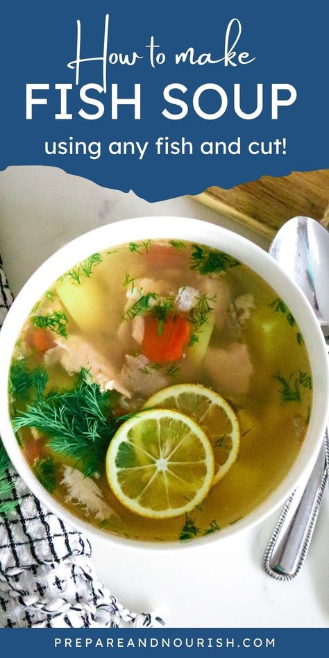 This Easy Fish Head Soup is a simple Ukha recipe that is nourishing, satisfying, and delicious. Ukha is a Russian or Ukranian soup made with fish, potatoes, carrots, and fresh herbs. It's light and refreshing yet the broth and fish will keep you and your whole family full and satisfied. This fish soup is a comforting dish with a mild but pleasant flavor and is ready to be served in under 30 minutes. Fish Recipes Soup, Fish Broth Soup, Fish Noodle Soup, Fish Head Soup Recipes, Tilapia Soup Recipes, Fish Soups And Stews, Healthy Fish Soup, Fish Soup Recipe Easy, Chinese Fish Soup Recipe