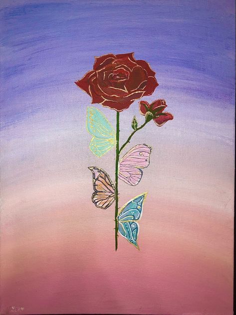 Original Artwork: 12x16inch thin canvas. Purple to pink ombre backround. Red rose with butterfly wings on the stem and gold highlight points artist~ Lcr Wings Butterfly, Inspired Painting, Salvador Dali, Dali, Watercolor Tattoo, Butterflies, Original Art, Tattoos, Drawings