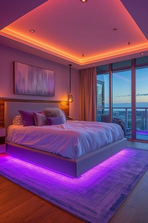 Color Changing Lights Bedrooms, Room Ideas Led Lights, Sunrise Colors, Halloween Bedroom, Bed With Led Lights, Led Lighting Bedroom, Beachy Room, Bedroom Ambiance, Lighting Bedroom