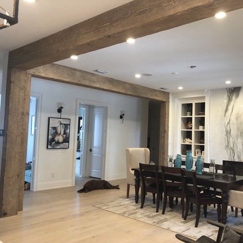 Exposed wood beams and posts!! 😍 #exposedwoodbeams #woodbeams #woodposts #lentil Wooden Columns Interior, Remodeled Double Wide Mobile Homes, Beam Ideas, Ceiling Beams Living Room, Columns Interior, Exposed Wood Beams, Beams Living Room, Rustic Fireplace Mantels, Yard House