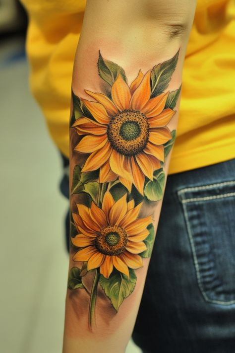 Two vibrant sunflowers tattooed on a person's forearm. Unique Sunflower Tattoo, Flower Tattoos Simple, Simple Sunflower Tattoo, Sunflower Mandala Tattoo, Sunflower Tattoo Ideas, Tattoo Sunflower, Simple Sunflower, Red Tattoo Ideas, Red Ink Tattoo