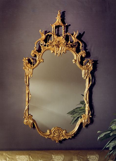 A most fanciful sculpted chinoiserie mirror frame with a pair of english Hoho birds or phoenix's. Note the rarely seen wire work of projecting flowers and festoons. Finished in antique gold leaf. Chinoiserie Mirror, Fancy Mirror, Fancy Mirrors, Antique Chinese Furniture, Gold Tattoo, Vintage Photo Frames, The Enchanted Home, Shabby Chic Frames, Bath Tiles