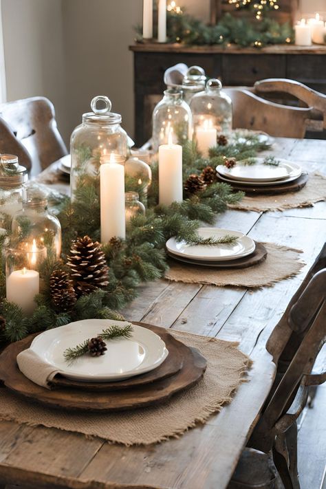 Rustic Christmas dining table decor Farmhouse Dining Room Christmas Decor, Rustic Christmas Dining Table Decor, Farmhouse Christmas Centerpiece Ideas, Farmhouse Christmas Dining Table Decor, Farmhouse Christmas Party, Christmas Table Scapes, Christmas Decor Dining Room, Farmhouse Christmas Table Decor, Christmas Dinner Table Ideas