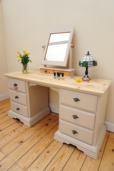 Solid Pine Dressing table by Schreiber is painted in Laura Ashley Soft Truffle Painted Pine Dressing Table, Pine Dressing Table Makeover, Upcycling Dressing Table, Pine Dressing Table Upcycle, Dressing Table Revamp, Upcycled Dressing Table, Dressing Table Inspo, Dressing Table Drawers, Desk Upcycle