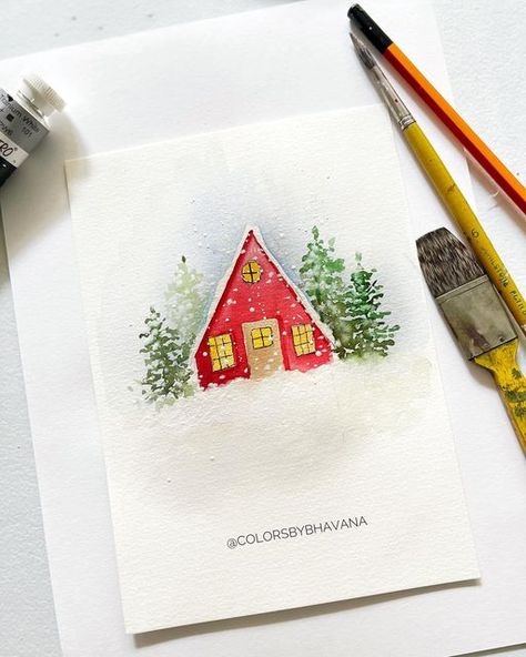 Christmas Watercolor Ideas Easy, Christmas Easy Watercolor, Folk Art Watercolor, Easy Christmas Watercolor Ideas, Christmas Easy Drawings, Christmas Cards Painted, Watercolor Houses, Christmas House Watercolor, Easy Water Color Painting Christmas