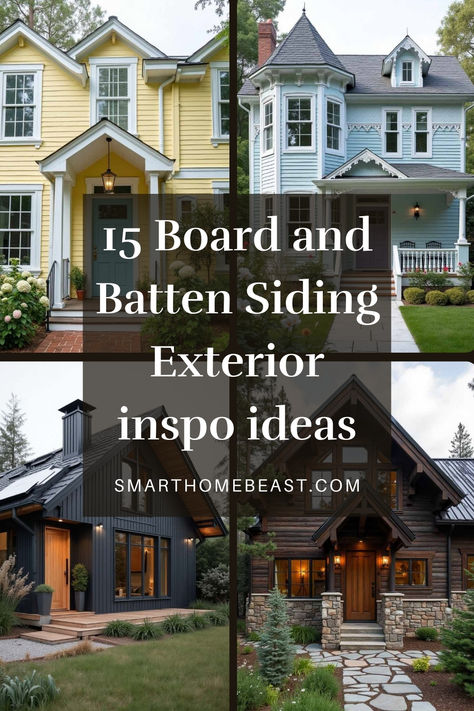 A collage showcasing a variety of beautiful board and batten siding designs on home exteriors, including farmhouse, cottage, and modern styles, each adding character and charm to the houses. Change Exterior Of House, Board And Batten Metal Siding Colors, Stone And Batten Board Exterior, Outside Siding Ideas, Wide Siding Exterior, Mixing Vertical And Horizontal Siding, Mixed Siding Exterior Board And Batten, Hardie Board Siding Ideas Modern, Brick And Batten Before And After