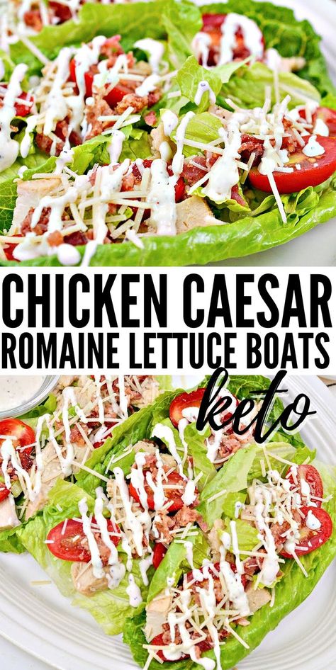 Keto Chicken Caesar Romaine Lettuce Boats - Eating lunch (or dinner) on the keto diet can be fun! Chicken Caesar romaine lettuce boats are a filling but light meal that fuels your body #keto #ketorecipes #Ketodiet #ketokettucewraps #Ketochickencaesarlettuceboats #lettuceboats #summerrecipes #salad #lunch #dinnerideas #food #recipes Canned Chicken Lettuce Wraps, Things To Make With Romaine Lettuce, Lettuce Wrap Dinner Recipes, Lettuce Cups Recipe, Romaine Lettuce Boats Recipe, Caesar Chicken Lettuce Wraps, Chicken Caesar Lettuce Boats, Chicken Romaine Wraps, Romaine Lettuce Wraps Chicken