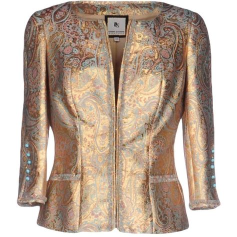 Veronik Alexandre Blazer (€900) ❤ liked on Polyvore featuring outerwear, jackets, blazers, gold, single breasted jacket, blazer jacket, brown jacket, brocade blazer and short sleeve blazer jacket Blazer Short Sleeve, Brocade Blazer, Patterned Blazer, Elegant Jacket, Short Sleeve Jacket, Brown Blazer, Blazer Designs, Printed Blazer, Blazer And Shorts