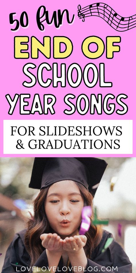 End of school year songs for a preschool, kindergarten, or high school graduation party or slideshow. Songs For Playlists, Graduation Party Playlist, Songs For Graduation Slideshow, Graduation Songs For Kids, Preschool Graduation Songs, Kindergarten Graduation Songs, Slideshow Songs, Perfect Playlist, Graduation Songs