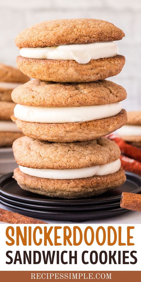 These delicious snickerdoodle cookie sandwiches feature two chewy snickerdoodle cookies held together by a layer of sweet cream cheese frosting. Snickerdoodle With Cream Cheese Frosting, Double Doozy Cookies, Snickerdoodle Cookie Sandwich, Snickerdoodle Ice Cream Sandwich, Cookie Dunkers With Buttercream, Snickerdoodle Cookies With Cream Cheese, Cream Cheese Snickerdoodle Cookies, Snickerdoodle Sandwich Cookies, Snickerdoodle Recipes