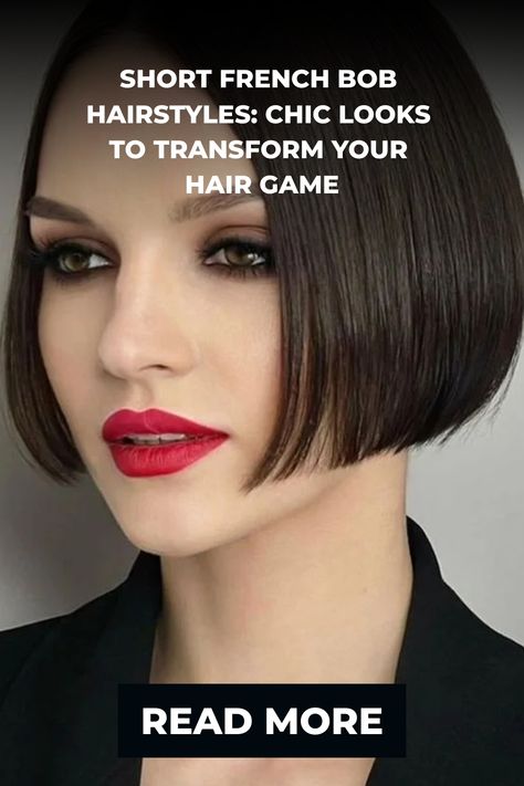 Woman with a modern French bob haircut, dark hair, and bold red lipstick. French Bob Inspiration, Short French Bob Hairstyles, Short Hairstyle Women French, Bob Without Bangs, French Bob No Bangs, French Haircut Medium, Layered French Bob, French Woman Hair, French Bob Hairstyles