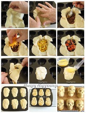 Watch the video tutorial to see how to make a batch of these creepy Burrito Skulls for Halloween or the Day of the Dead at HungryHappenings.com. #burritos #skull #halloweenrecipes #dayofthedead What To Make In Skull Pan, Halloween Skull Recipes, Skull Desserts Halloween, Recipes For Skull Pan, Halloween Themed Hors D’oeuvres, Halloween Skull Pan Recipes, Stuffed Skull Recipes, Halloween Cooking Recipes, Day Of The Dead Party Food