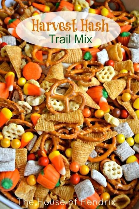 Harvest Hash - Halloween Trail Mix - The House of Hendrix Halloween Trail Mix Recipe, Harvest Hash, Halloween Trail Mix, Snack Halloween, Halloween Fingerfood, Fall Snack Mixes, Trail Mix Recipe, Halloween Snack Mix, Halloween Finger Foods