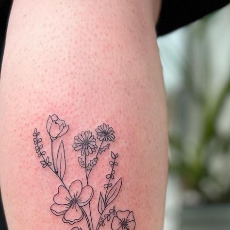 Wildflowers | Fine Line Tattoo on Instagram: "Mom’s flower drawing on the leg 💐💞✨ #flowerdrawing #flowerbouquets #wildflowertattoo #finelinetattoos #torontotattoo #qttr #queerartist #lineworktattoo #gardenflower #whimsicalart"