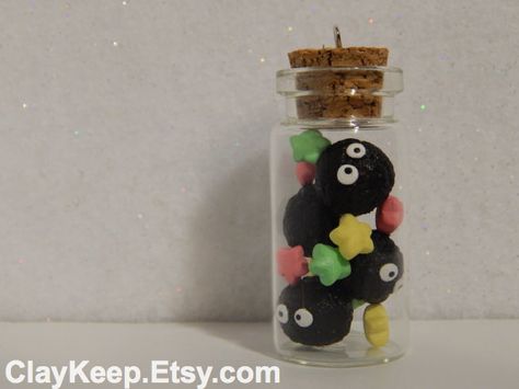 Polymer Clay Spirited Away, My Neighbor Totoro Soot Sprites and Candies in a Glass Bottle Totoro Dust Bunnies, My Neighbor Totoro Soot Sprites, Studio Ghibli Diy, Totoro Crafts, Totoro Soot Sprites, Soot Sprite, Dust Bunnies, Clay Jar, Soot Sprites