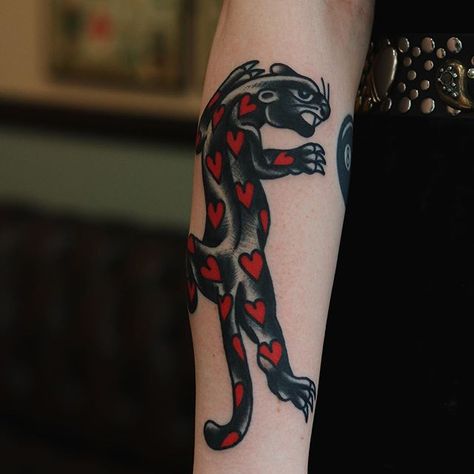 Black Panther Tattoo with Red Hearts Paznokcie Hello Kitty, Boys With Tattoos, Jaguar Tattoo, Traditional Tattoo Inspiration, Panther Tattoo, Tiger Tattoo Design, Snake Tattoo Design, Red Tattoos, Tattoo Designs And Meanings